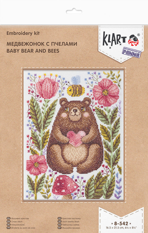 Cross Stitch Kit Teddy Bear with Bees, KLART PANNA, Partial Counted Stitch, White Aida 14, 16.5 x 21.5 cm, 20 Colors