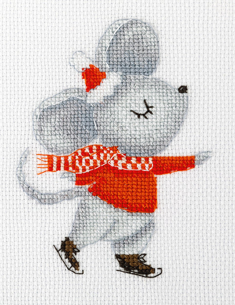 Counted Cross Stitch Kit with Mouse on Ice Design, KLART by PANNA, 11 x 14 cm, White Aida 16 Canvas, Winter Theme