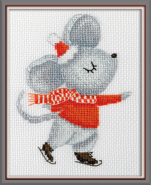 Counted Cross Stitch Kit with Mouse on Ice Design, KLART by PANNA, 11 x 14 cm, White Aida 16 Canvas, Winter Theme