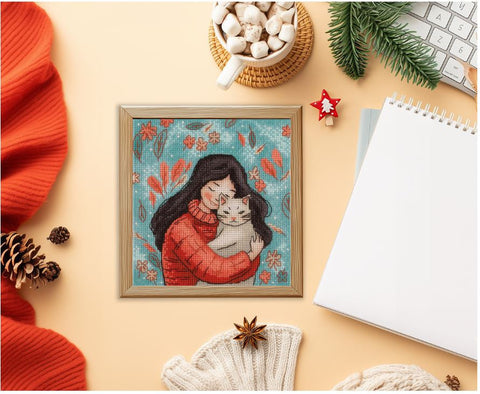 KLART Cross Stitch Kit Girl with Cat, 12 x 13 cm, White Aida 16 Canvas, 16 Colors, Pattern and Needle