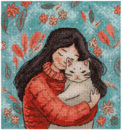 KLART Cross Stitch Kit Girl with Cat, 12 x 13 cm, White Aida 16 Canvas, 16 Colors, Pattern and Needle