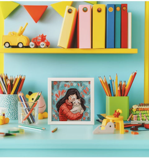 KLART Cross Stitch Kit Girl with Cat, 12 x 13 cm, White Aida 16 Canvas, 16 Colors, Pattern and Needle