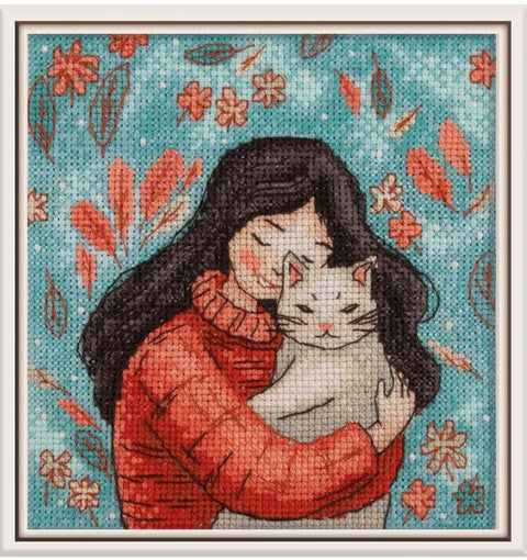 KLART Cross Stitch Kit Girl with Cat, 12 x 13 cm, White Aida 16 Canvas, 16 Colors, Pattern and Needle
