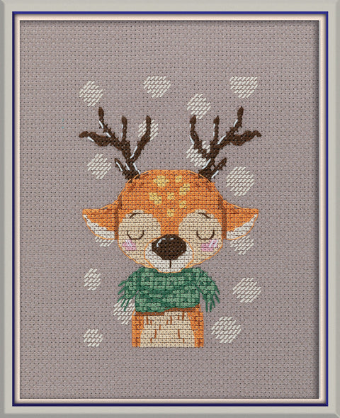 Cross Stitch Kit Deer with Scarf, KLART, Counted Cross Stitch, 14 Count Aida, 11.5 x 11.5 cm, Intermediate Winter Design