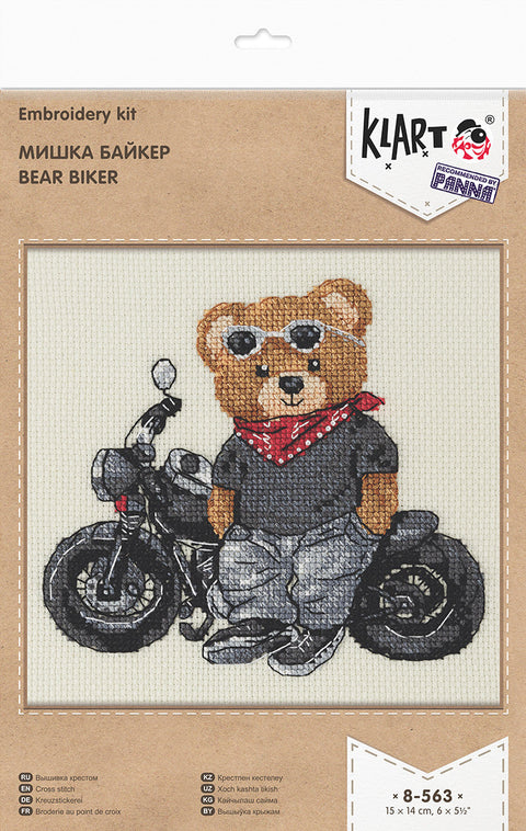 Biker Bear Cross Stitch Kit, Partial Stitching, PANNA/KLART, 16 Count Cream Aida, 15 x 14 cm, Counted Cross Stitch Pattern