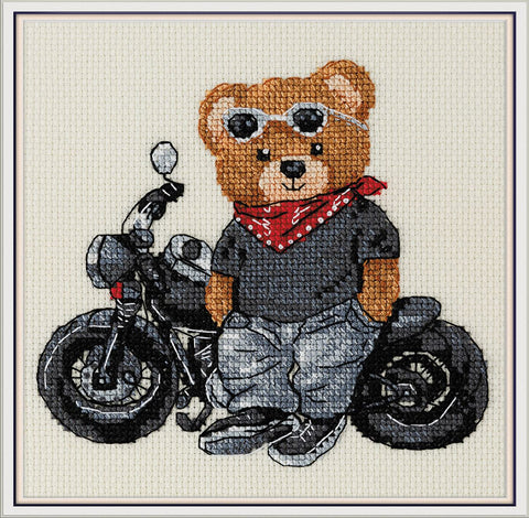 Biker Bear Cross Stitch Kit, Partial Stitching, PANNA/KLART, 16 Count Cream Aida, 15 x 14 cm, Counted Cross Stitch Pattern