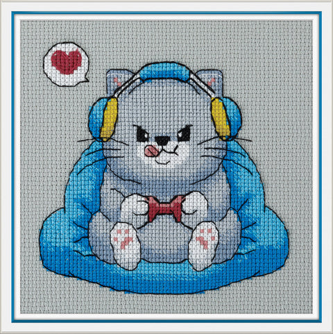 Cross Stitch Kit with Fluffy Gamer Design, 15 x 15 cm, PANNA KLART, Colorful Animal Gaming Theme, Beginner-Friendly Project