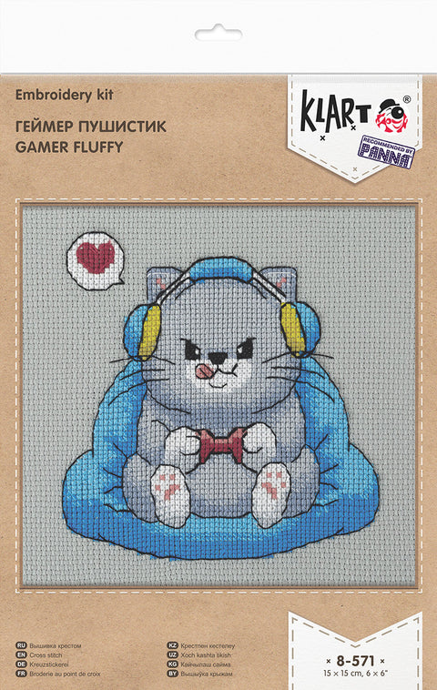 Cross Stitch Kit with Fluffy Gamer Design, 15 x 15 cm, PANNA KLART, Colorful Animal Gaming Theme, Beginner-Friendly Project