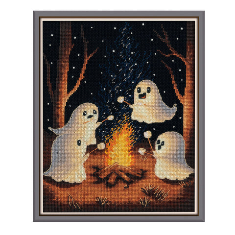 Cross Stitch Kit Ghostly Night March, Black Aida 18 Canvas, KLART, 15 x 20 cm Halloween Design