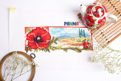 PANNA Counted Cross Stitch Kit, The Red Hue of Dawn Design, Aida Fabric, Cotton Threads, Needle and Chart in Warm Red Tones