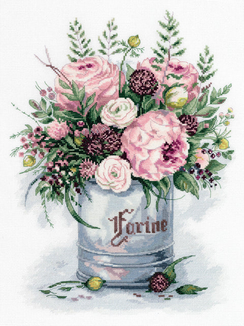 Cross Stitch Embroidery Kit with Watercolor Flower Bouquet, Aida Fabric, Cotton Threads, Needle, Pattern and Instructions, PANNA KLART