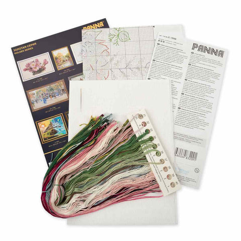 Cross Stitch Embroidery Kit with Watercolor Flower Bouquet, Aida Fabric, Cotton Threads, Needle, Pattern and Instructions, PANNA KLART