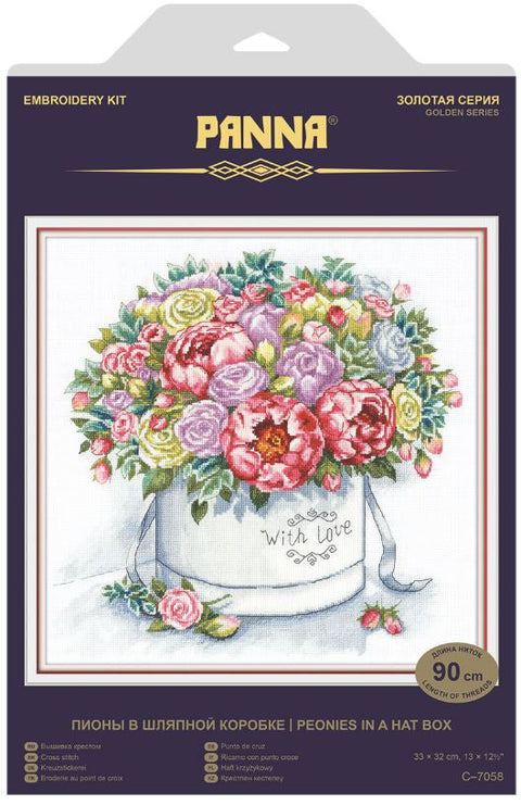 Peony Cross Stitch Kit, Hatbox Floral Design, PANNA, 33 x 32 cm, Aida 16 Canvas, 40 Colors, Chart and Needle Included