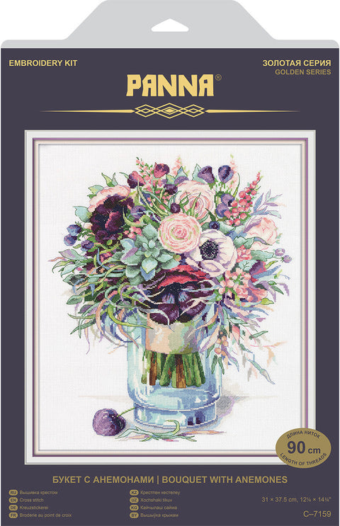 PANNA Anemone Bouquet Cross Stitch Kit, Floral Embroidery Design, Aida Fabric, Cotton Threads, Needle and Pattern Included