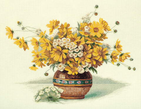Cross Stitch Kit PANNA Yellow Flower Bouquet, 38×31 cm, Floral Embroidery Design for Framing and Home Decor
