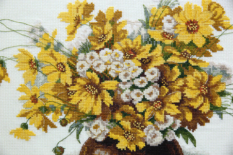 Cross Stitch Kit PANNA Yellow Flower Bouquet, 38×31 cm, Floral Embroidery Design for Framing and Home Decor