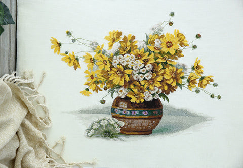 Cross Stitch Kit PANNA Yellow Flower Bouquet, 38×31 cm, Floral Embroidery Design for Framing and Home Decor