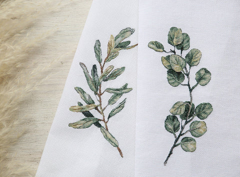Eucalyptus Branch Cross Stitch Kit, Botanical Embroidery Pattern with Aida Fabric, Cotton Floss, Needle and Instructions by PANNA/ KLART