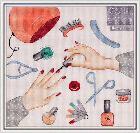 PANNA Manicure Cross Stitch Kit, 20 x 20 cm, Partial Stitching, 14 Count Pink Aida, 19 Colors, Counted Cross Stitch Pattern