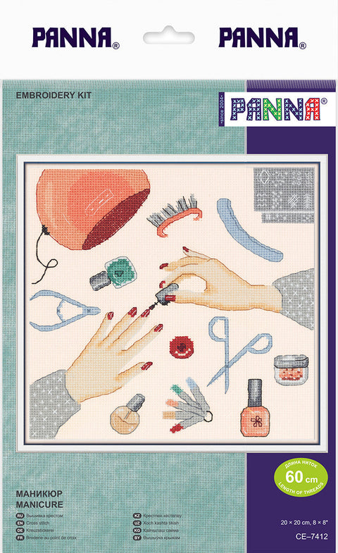 PANNA Manicure Cross Stitch Kit, 20 x 20 cm, Partial Stitching, 14 Count Pink Aida, 19 Colors, Counted Cross Stitch Pattern