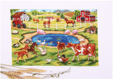 Cross Stitch Kit Morning on the Farm by PANNA, 33.5 x 21.5 cm, Aida 16 Canvas, 30 Thread Shades, Farm Landscape Design