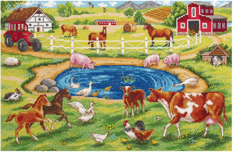 Cross Stitch Kit Morning on the Farm by PANNA, 33.5 x 21.5 cm, Aida 16 Canvas, 30 Thread Shades, Farm Landscape Design
