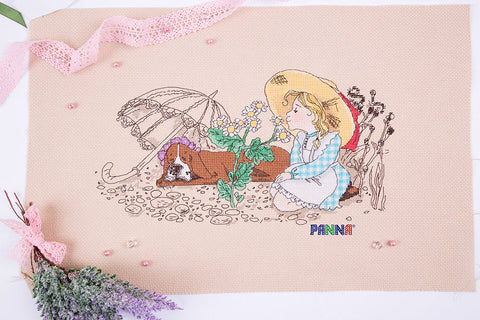 Daisy Cross Stitch Kit, Complete Set with Aida Fabric, Cotton Floss, Needle and Pattern by PANNA KLART