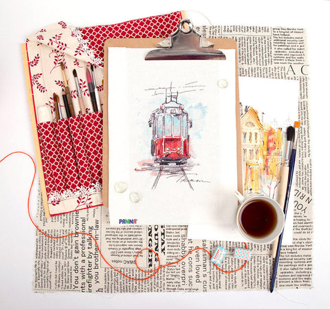 City Tram Cross Stitch Kit, Detailed Urban Landscape Design, PANNA KLART, Canvas, Threads, Needle and Pattern