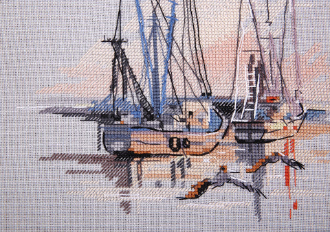 Cross Stitch Embroidery Kit Charleston Harbor Seascape, PANNA KLART, Cotton Aida Canvas, 20.5 × 18.5 cm, Multicolor Marine Design