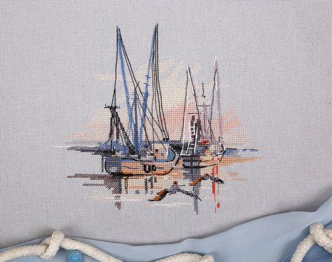 Cross Stitch Embroidery Kit Charleston Harbor Seascape, PANNA KLART, Cotton Aida Canvas, 20.5 × 18.5 cm, Multicolor Marine Design