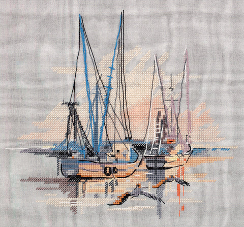 Cross Stitch Embroidery Kit Charleston Harbor Seascape, PANNA KLART, Cotton Aida Canvas, 20.5 × 18.5 cm, Multicolor Marine Design
