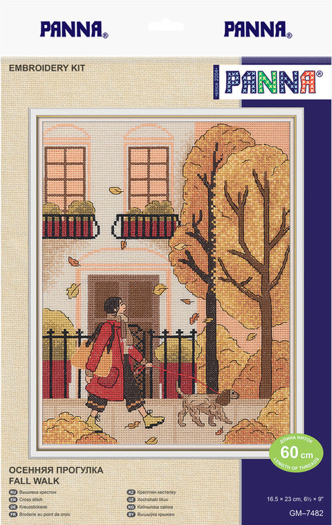 Autumn Walk Cross Stitch Kit with Color-Coded Chart, PANNA Embroidery Set with Cotton Threads, Canvas and Needle