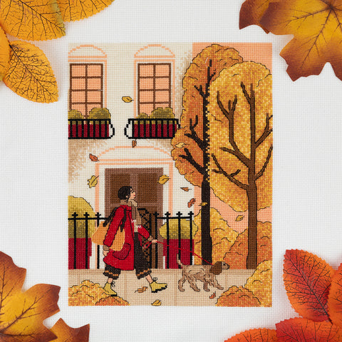 Autumn Walk Cross Stitch Kit with Color-Coded Chart, PANNA Embroidery Set with Cotton Threads, Canvas and Needle