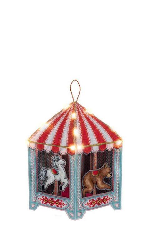 3D Carousel Cross Stitch Kit on Clear Plastic Canvas, PANNA/KLART, 21-Color Thread, Beads, 16.5 x 19 x 16.5 cm