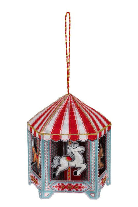 3D Carousel Cross Stitch Kit on Clear Plastic Canvas, PANNA/KLART, 21-Color Thread, Beads, 16.5 x 19 x 16.5 cm