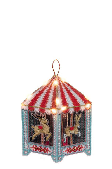 3D Carousel Cross Stitch Kit on Clear Plastic Canvas, PANNA/KLART, 21-Color Thread, Beads, 16.5 x 19 x 16.5 cm