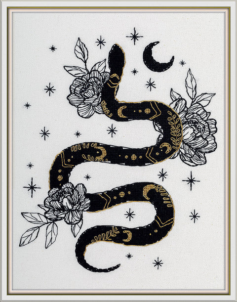 Cross Stitch Embroidery Kit, Black and Gold Snake Design, Aida Canvas, Cotton Threads, PANNA KLART, Wall Decor, Intermediate Level