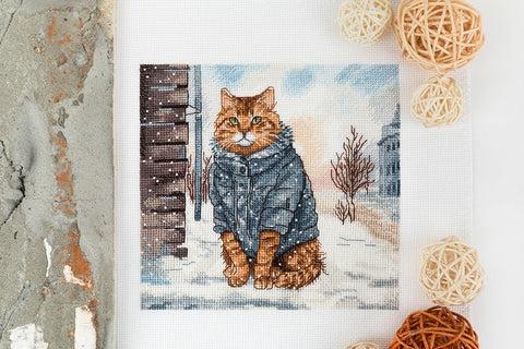 Cross Stitch Kit Winter City Cat Design, PANNA PJ-7500, Aida 16 Canvas, 16 x 16 cm, Full Coverage, 20 Colors