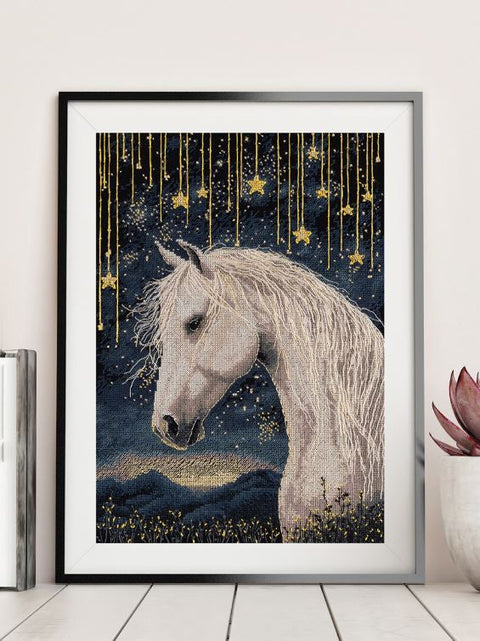 Cross Stitch Kit, Starry Sky Animal Design, PANNA 21x30 cm, Black Aida 16 Fabric, 17 Thread Colors, Embroidery Pattern and Needle