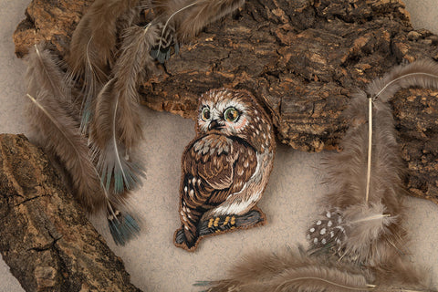 Owl Brooch Cross Stitch Kit for Beginners, PANNA KLART, 5–6 cm, Perforated Plastic, Brown, Beige, White and Black Threads