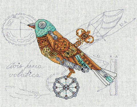 Cross Stitch Kit with Clockwork Bird Design, Printed Pattern, PANNA KLART, Beginner-Friendly Embroidery Set