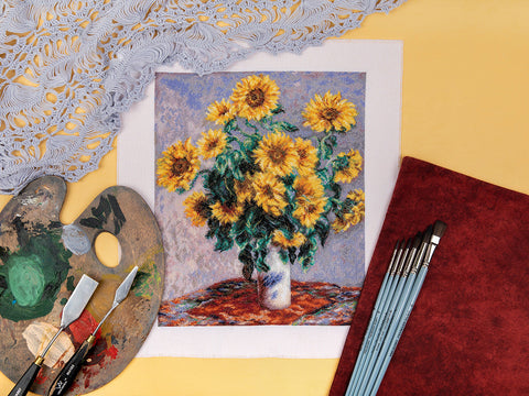 Cross Stitch Kit Sunflower Bouquet, Aida Canvas, Cotton Threads, PANNA or KLART, Beginner-Friendly Embroidery Set for Home Decor