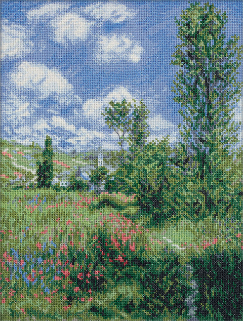 Cross Stitch Kit View of Vétheuil Landscape, PANNA KLART, Beginner-Friendly Embroidery Set with Canvas, Threads, Needle and Pattern