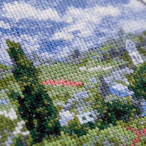 Cross Stitch Kit View of Vétheuil Landscape, PANNA KLART, Beginner-Friendly Embroidery Set with Canvas, Threads, Needle and Pattern
