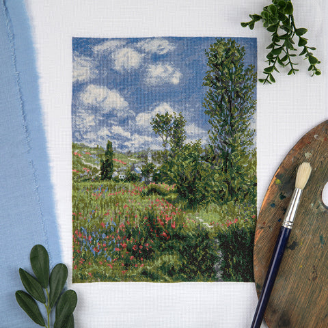 Cross Stitch Kit View of Vétheuil Landscape, PANNA KLART, Beginner-Friendly Embroidery Set with Canvas, Threads, Needle and Pattern