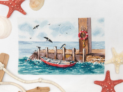 Cross Stitch Kit with Harbor Landscape Design, Aida Canvas, Cotton Threads, Needle, Color Chart and Instructions, PANNA KLART