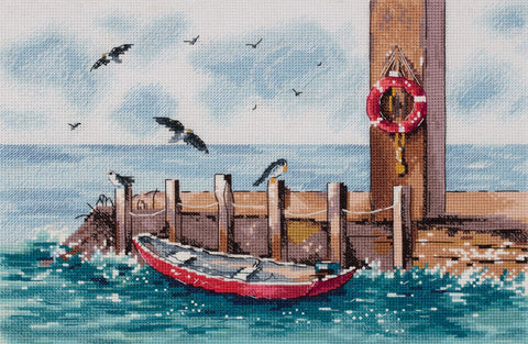 Cross Stitch Kit with Harbor Landscape Design, Aida Canvas, Cotton Threads, Needle, Color Chart and Instructions, PANNA KLART