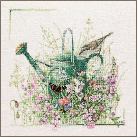 Vervaco Cross Stitch Kit with Watering Can Nature Design, 36 x 36 cm Finished Size, DMC Cotton Threads, 30 Count Fabric
