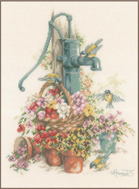 Cross Stitch Kit Birds by Water Pump Nature Scene, Lanarte, 29 x 39 cm, Cotton Canvas, DMC Threads
