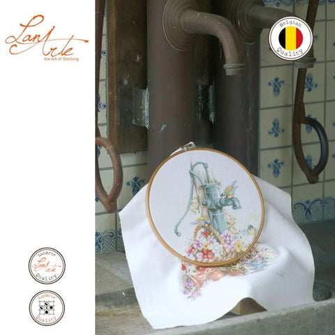 Cross Stitch Kit Birds by Water Pump Nature Scene, Lanarte, 29 x 39 cm, Cotton Canvas, DMC Threads